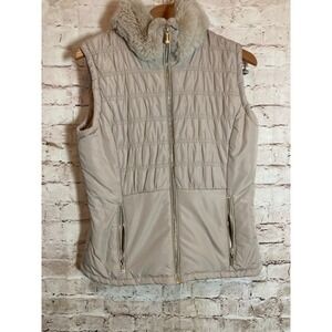 Calvin Klein Quilted Vest Womens Small Khaki Tan Faux Fur Trim Mob Wife Full Zip